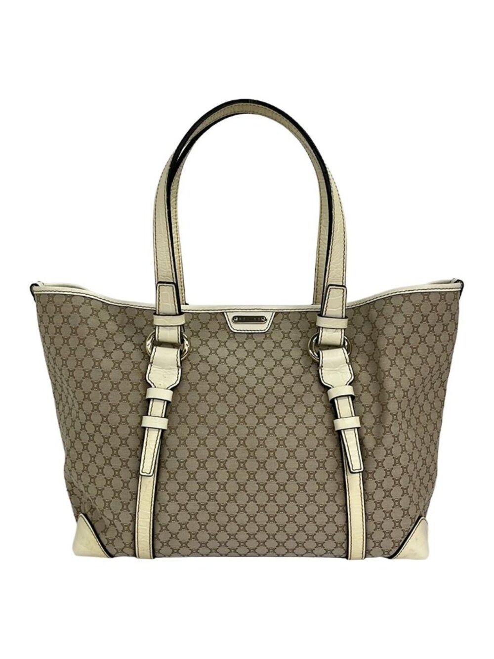 Celine Tote Bag Macadam Pattern Beige Ivory Embossed Leather